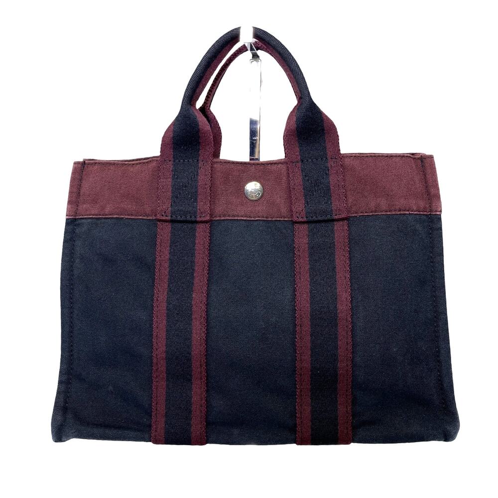 Hermès Fourre Tout PM Black Canvas Burgundy Stripe Tote Hand Bag Small France